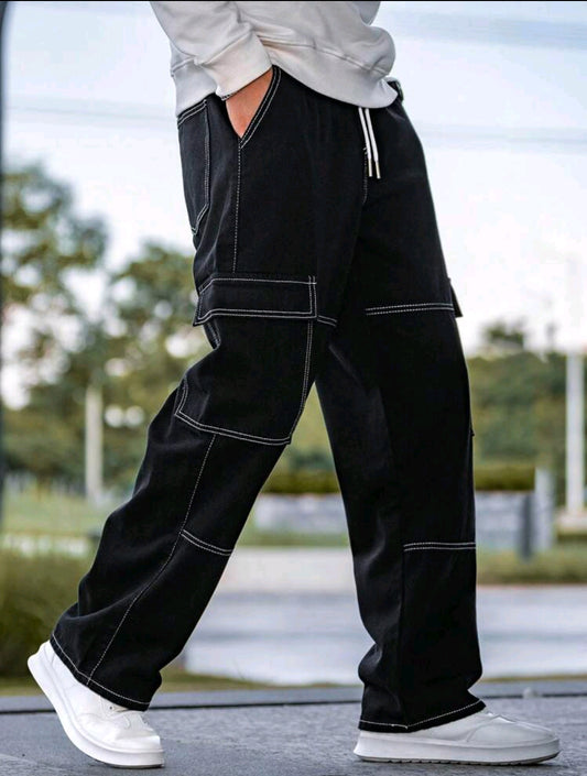 Wide leg contrast Cargo pants with drawstring